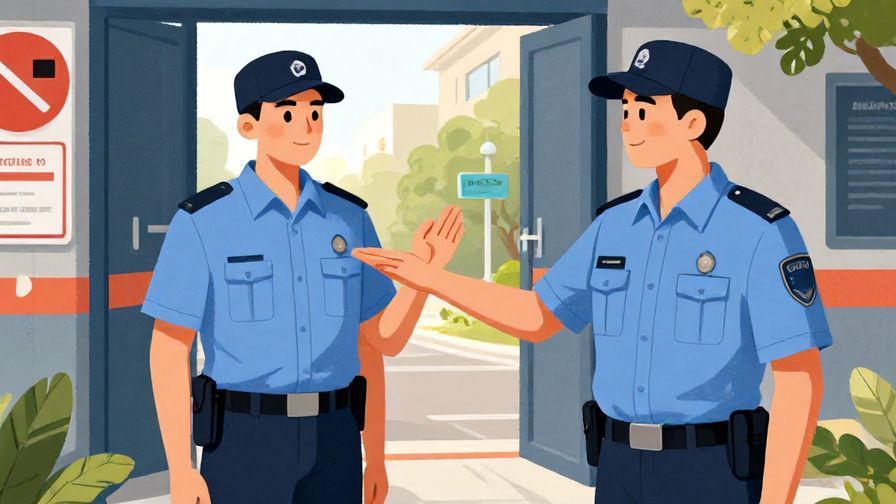 Illustration of a security guard blocking entry to a restricted area, firm but polite demeanor, detailed background, vibrant colors, illustrated style