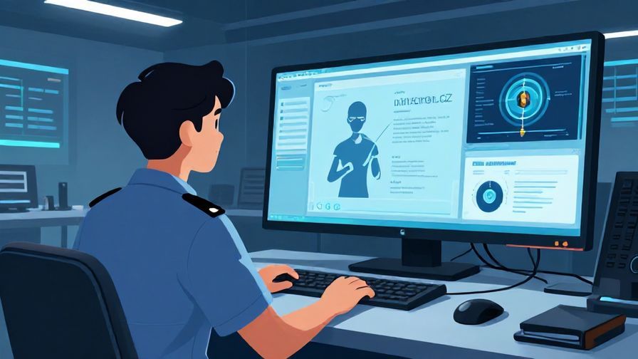 Illustration of a security guard monitoring screens carefully, high-tech control room, cool colors