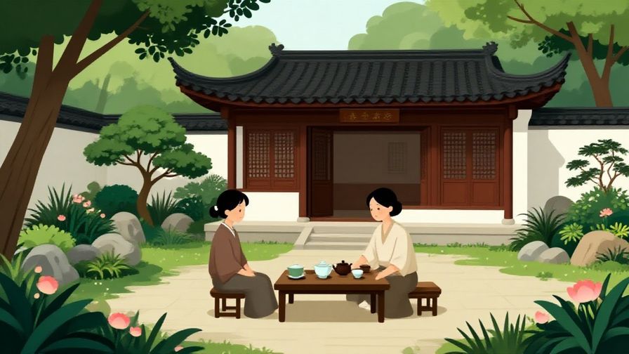 Illustration of a serene garden with a traditional tea house, peaceful and respectful mood