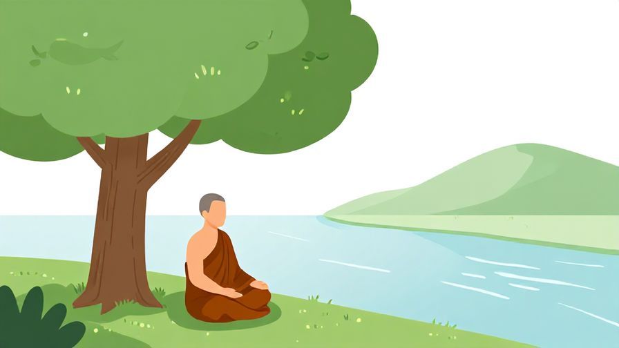 Illustration of a serene monk meditating under a tree with a calm river flowing nearby, minimalist style