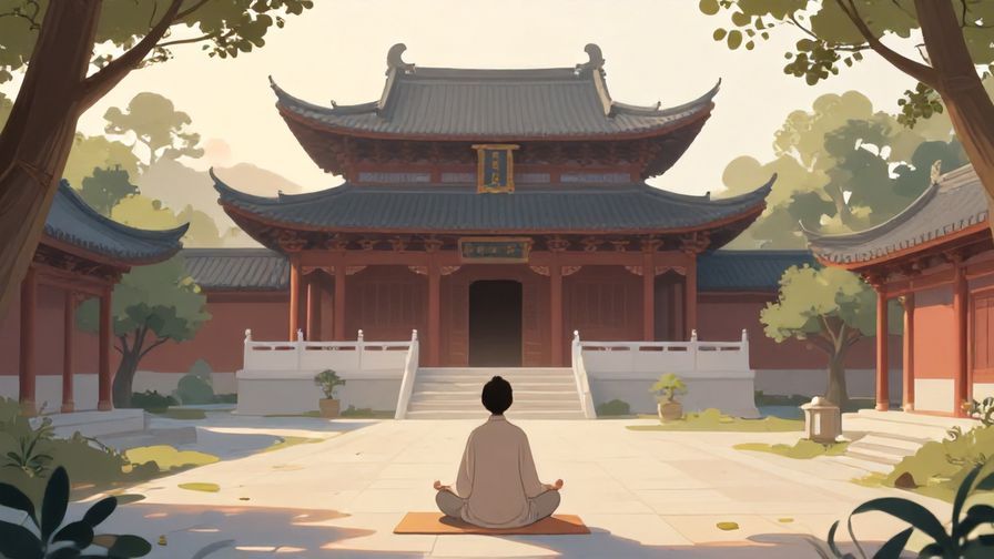 Illustration of a serene person meditating in a peaceful temple courtyard at dawn