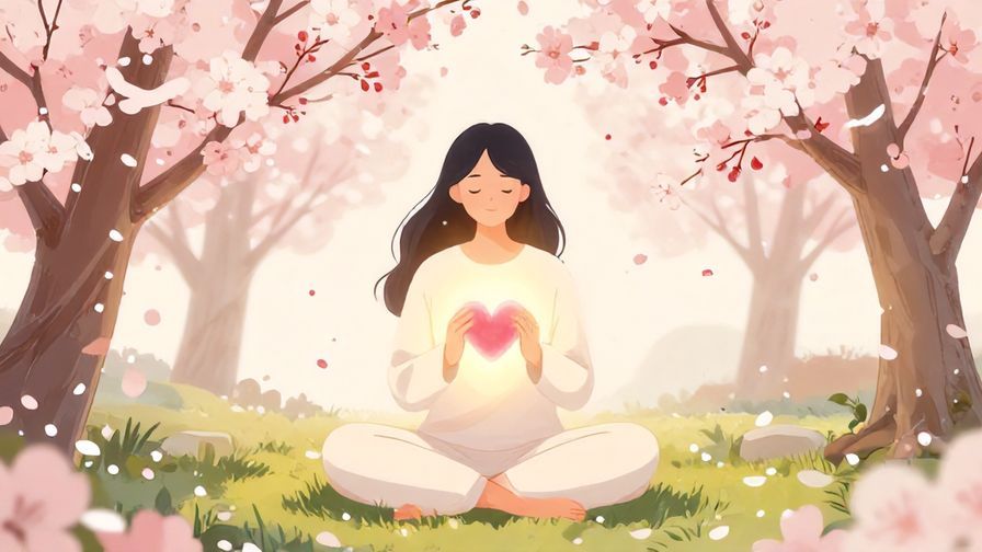 Illustration of a serene person sitting calmly with a glowing heart, surrounded by soft cherry blossoms in a refined setting