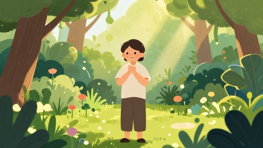 Illustration of a serene person standing in a lush garden with sunlight filtering through trees, peaceful and grateful expression