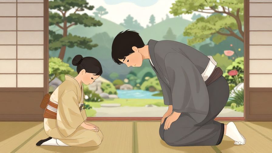 Illustration of a serene, respectful person bowing slightly, with soft traditional Japanese garden background
