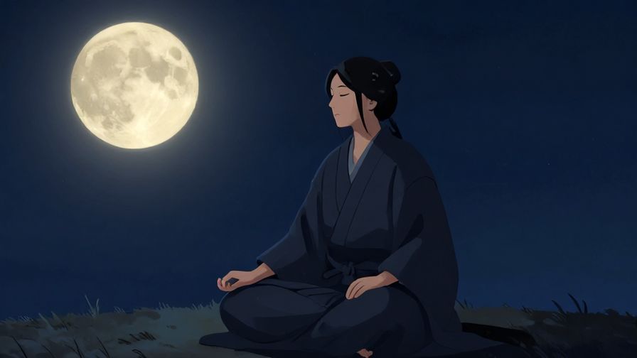 Illustration of a serene samurai meditating under a full moon with soft glowing light, peaceful expression and gentle night sky