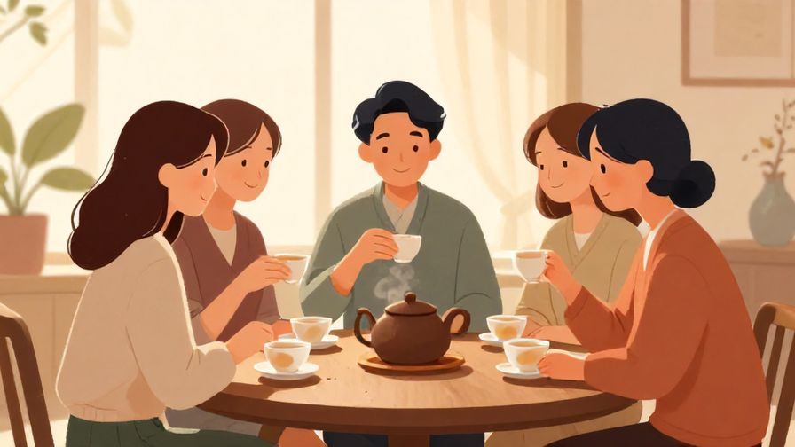Illustration of a serene tea room with people quietly enjoying tea, soft light and peaceful expressions