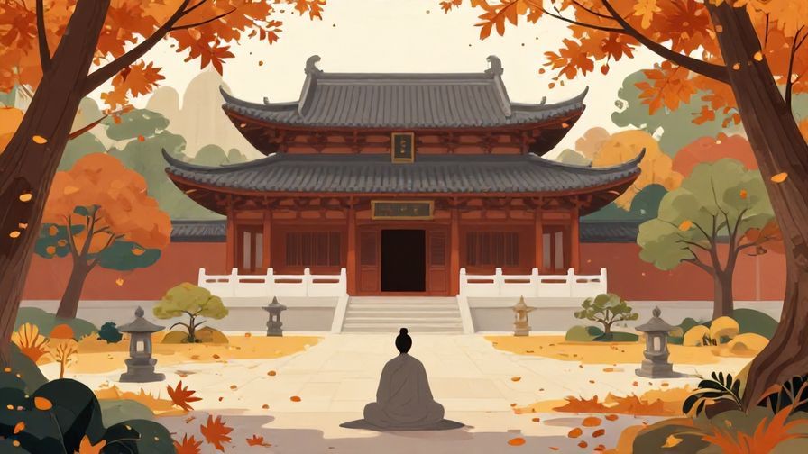 Illustration of a serene temple garden with falling autumn leaves and a calm figure meditating, peaceful and reflective atmosphere, illustrated style
