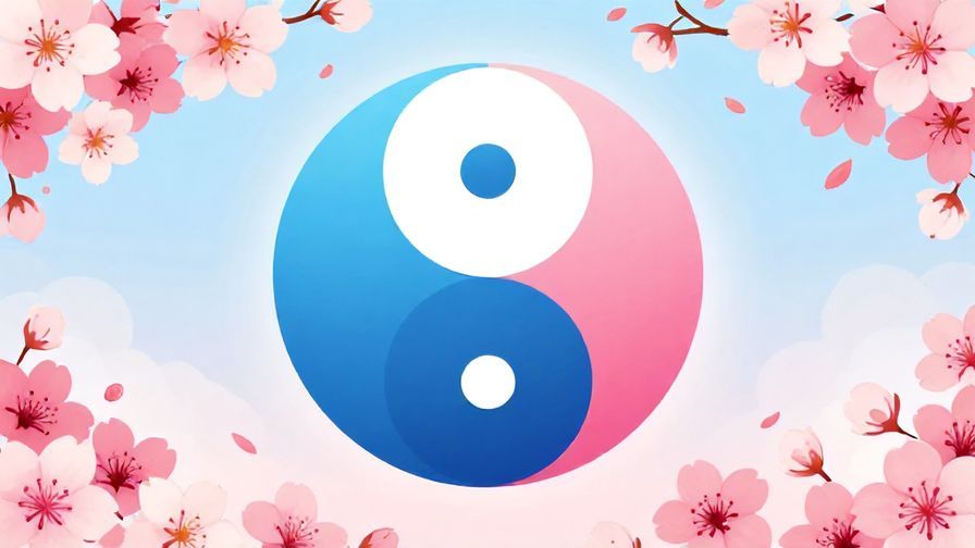 Illustration of a serene yin-yang symbol surrounded by cherry blossoms and floating leaves, peaceful and balanced atmosphere, vibrant colors