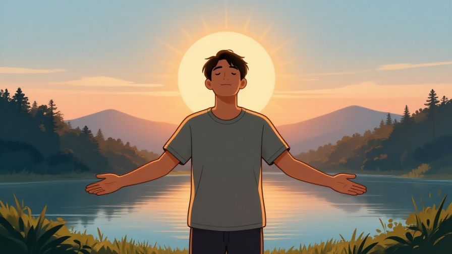 Illustration of a serene young person standing strong outdoors with open arms, sunrise behind, symbolizing life and hope