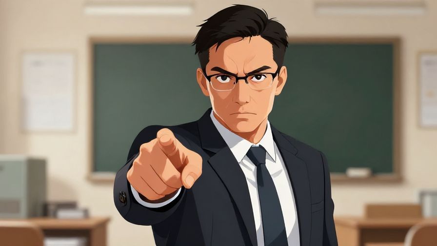 Illustration of a serious authority figure pointing firmly with an intense but controlled expression