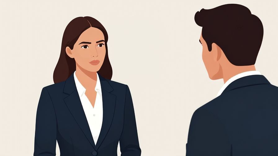 Illustration of a serious business conversation, one person listening carefully while the other speaks, formal and neat background
