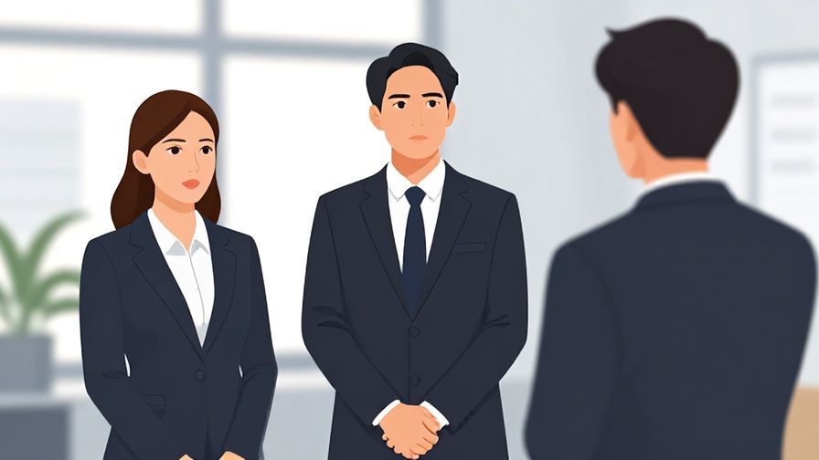 Illustration of a serious business setting, two people in suits with one delivering a firm statement, calm office background