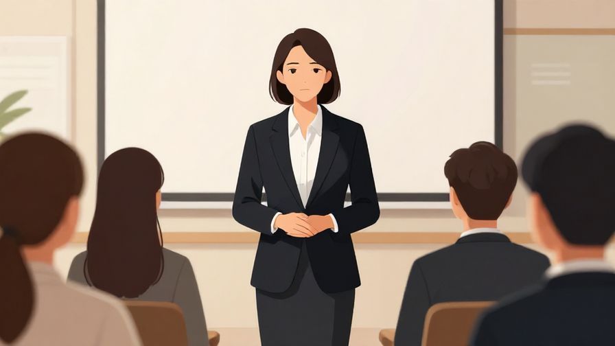Illustration of a serious but calm person in formal attire addressing an attentive audience