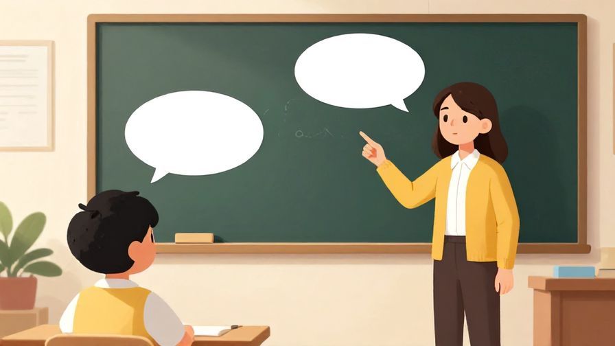 Illustration of a serious but kind teacher pointing to speech bubbles during a lesson, classroom setting, bright colors, illustrated style