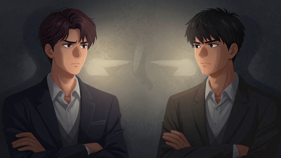 Illustration of a serious character making a difficult decision between two paths, intense and dramatic lighting