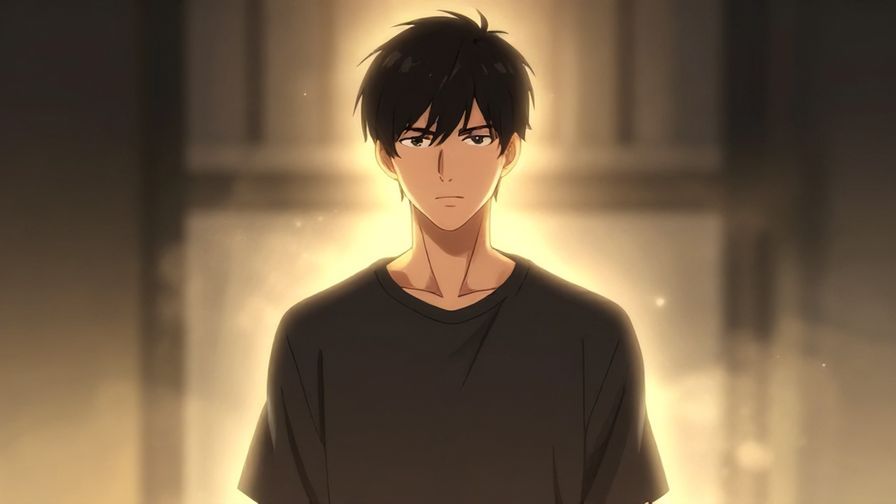 Illustration of a serious character standing firm with a calm expression, surrounded by soft glowing light