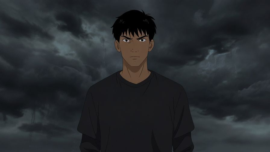 Illustration of a serious character standing firm with a determined expression, dark stormy sky