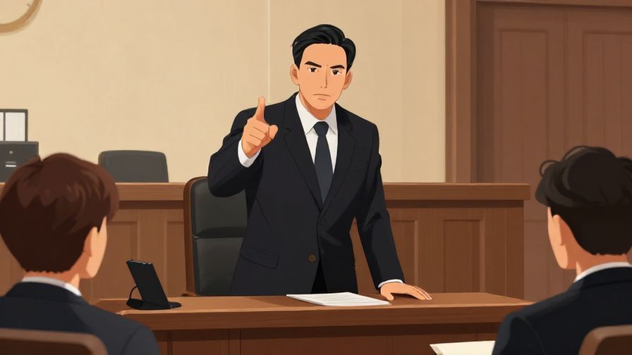 Illustration of a serious figure pointing with authority in a formal setting like a courtroom or meeting room, illustrated style