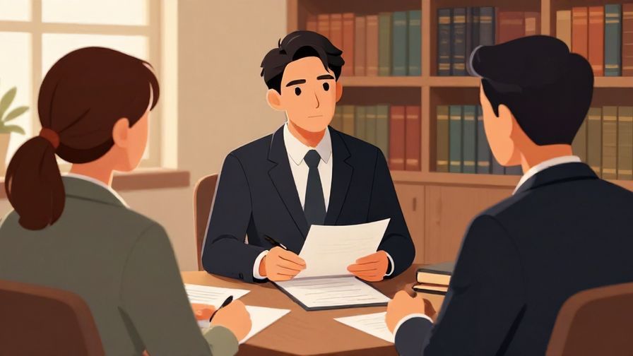 Illustration of a serious legal advisor discussing rights with a client, formal office, bookshelves