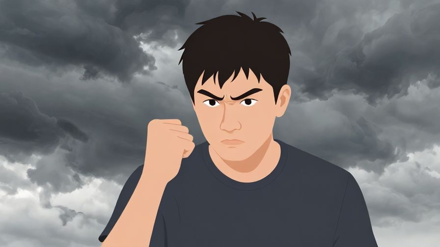 Illustration of a serious person clenching their fist with a determined expression, background of stormy clouds clearing