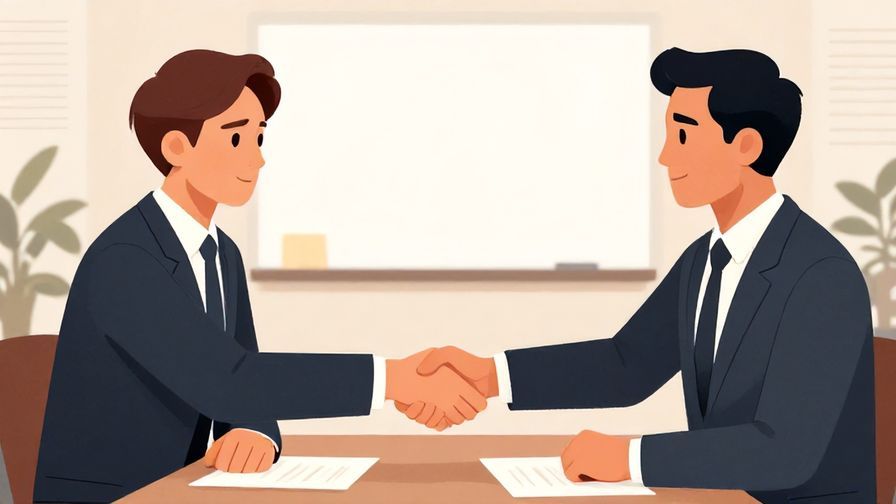 Illustration of a serious person in a boardroom shaking hands with another, professional atmosphere