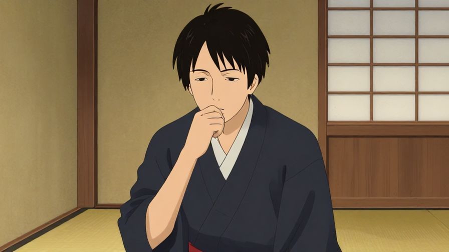 Illustration of a serious person in a thoughtful pose, classic Japanese room background