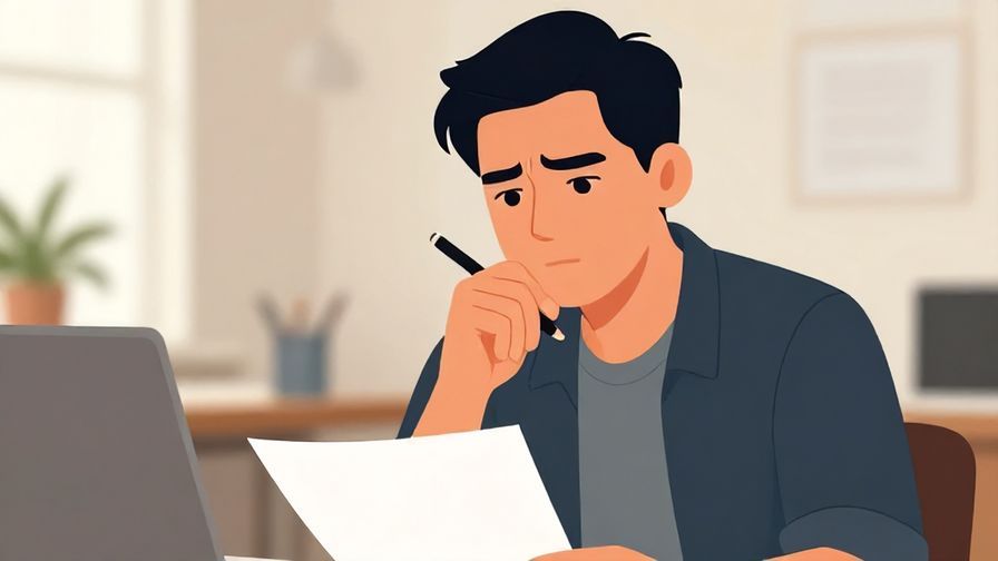 Illustration of a serious person looking thoughtful, holding a pen and paper, with a soft office background