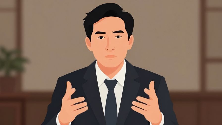 Illustration of a serious person making a clear point with hand gestures, formal setting, muted colors