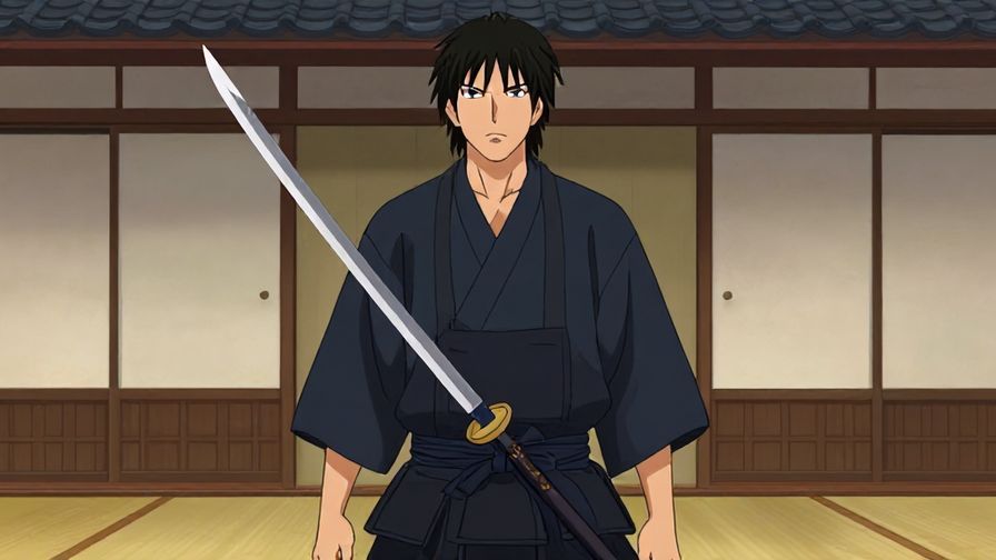 Illustration of a serious person standing with a sword against a traditional Japanese backdrop, expressing honor and resolve