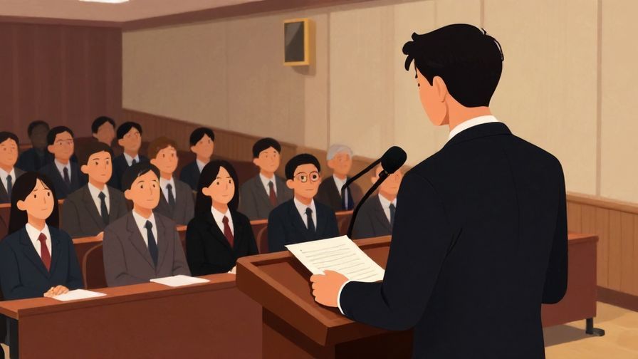 Illustration of a serious speaker at a podium, with an attentive audience in a formal setting