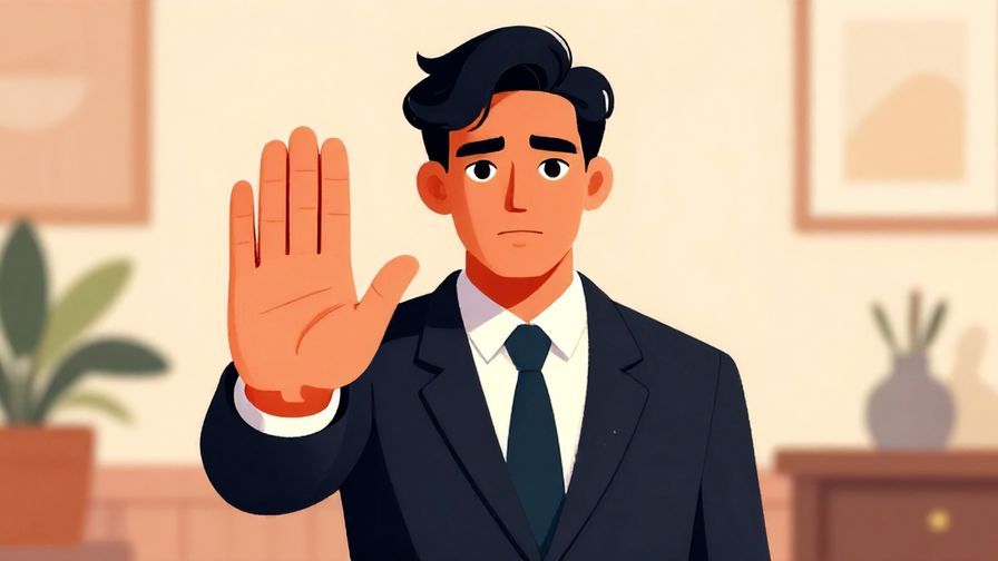 Illustration of a serious yet calm person politely gesturing a “stop” sign, formal indoor setting with subtle lighting, vibrant colors, illustrated style