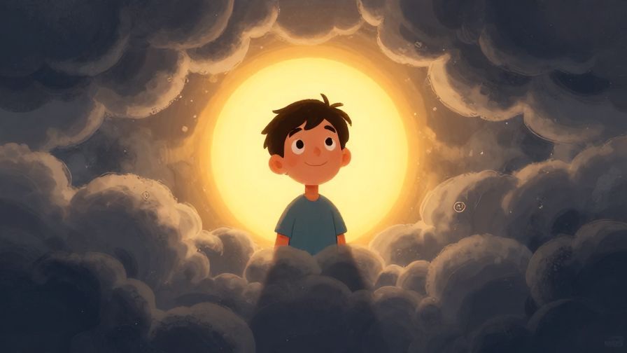 Illustration of a shadowy dark cloud parting to reveal a bright sun behind, with a smiling character looking hopeful, detailed background, vibrant colors, illustrated style