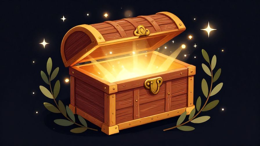 Illustration of a shining treasure chest surrounded by stars and olive branches, symbolizing reward and sweetness