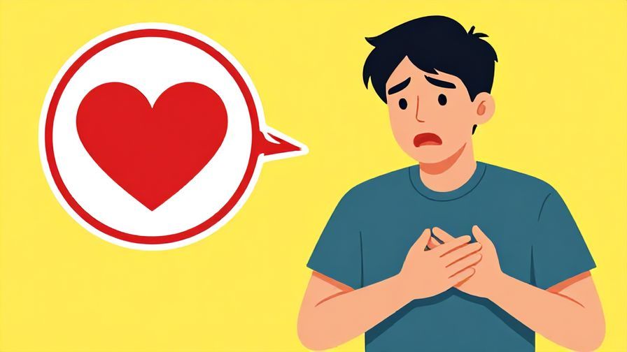 Illustration of a shocked person clenching their chest with a worried expression, stylized heart symbol showing stop sign, vibrant colors