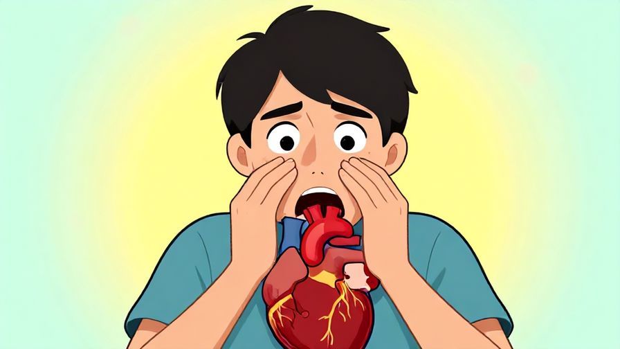 Illustration of a shocked person with exaggerated heart pounding, comic-style expression, bright colors
