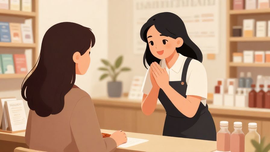 Illustration of a shop clerk bowing politely to a customer with a warm smile, store interior