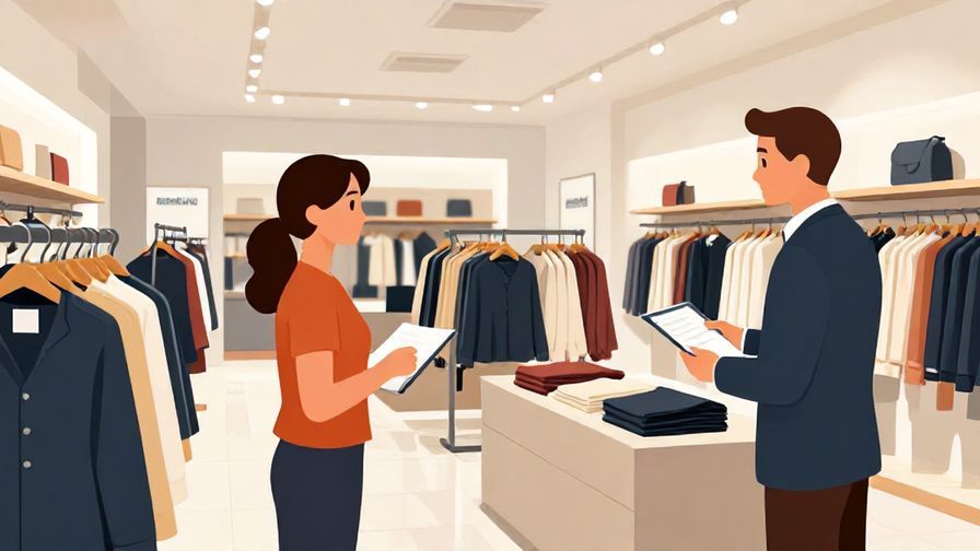 Illustration of a shopper asking a store assistant about availability of larger sizes, modern store with bright lighting