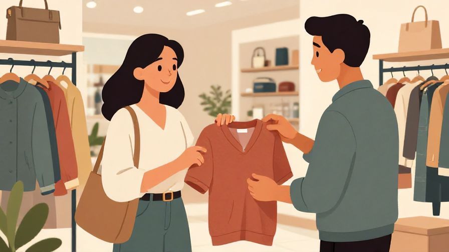 Illustration of a shopper casually requesting a store assistant to show another size, friendly and informal store atmosphere