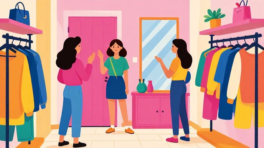 Illustration of a shopper curiously asking about size variations for a clothing item in a trendy boutique, bright and colorful