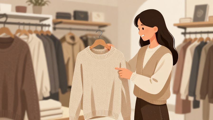Illustration of a shopper gently holding a sweater, smiling and politely asking about a slightly bigger size, cozy boutique background