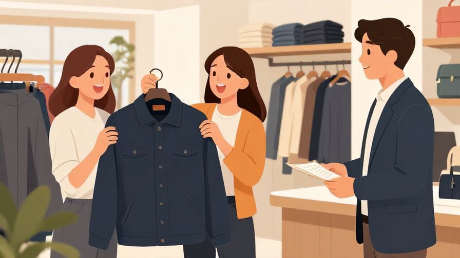 Illustration of a shopper holding a jacket up, looking hopeful, asking a clerk about larger sizes in a bright, friendly store setting
