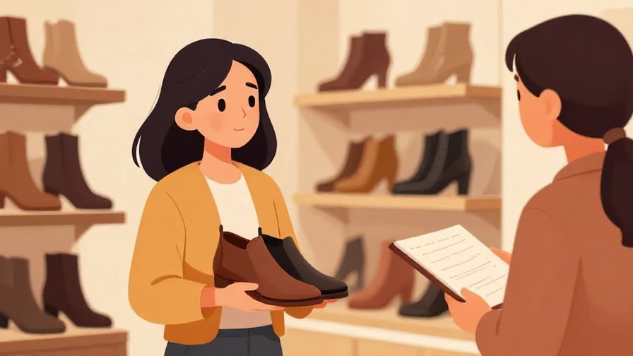 Illustration of a shopper holding a pair of shoes, tilting head thoughtfully, asking a clerk about different sizes, warm store atmosphere
