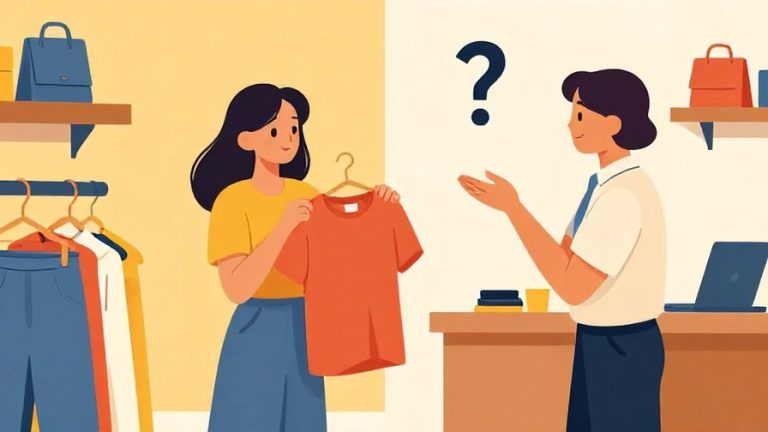 Illustration of a shopper holding a shirt and politely asking a store clerk, with a question mark floating above, inside a cozy boutique, bright and colorful