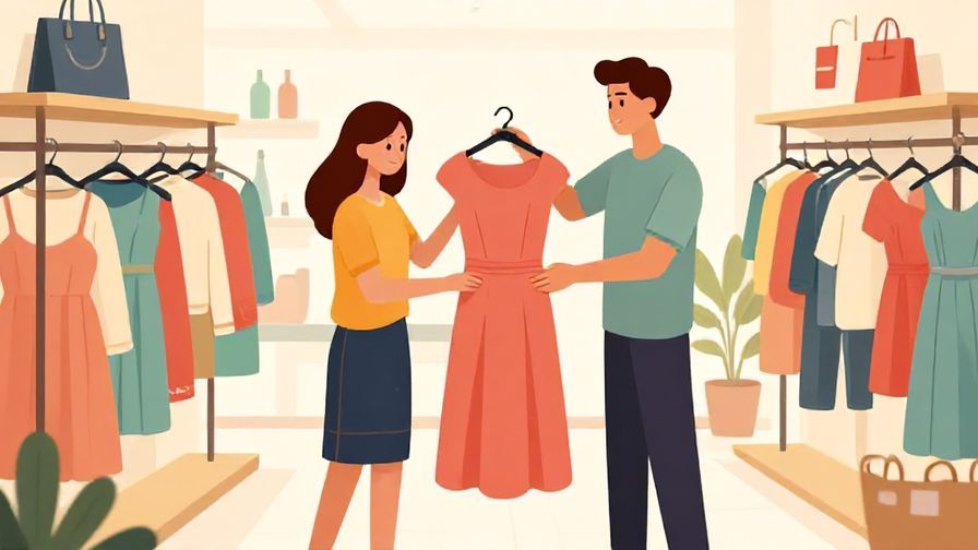 Illustration of a shopper politely requesting a store assistant to show another size of a dress, bright and inviting store interior
