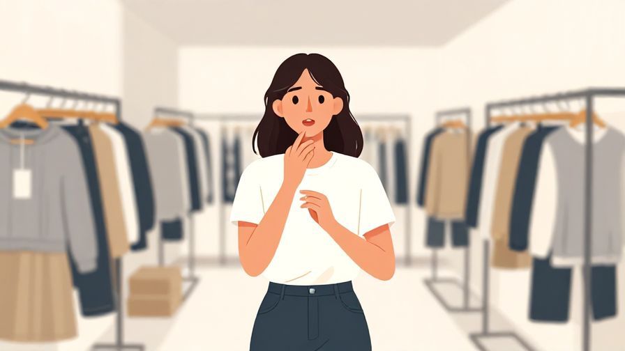 Illustration of a shopper with a hopeful expression asking politely, with a clean, organized clothing store background