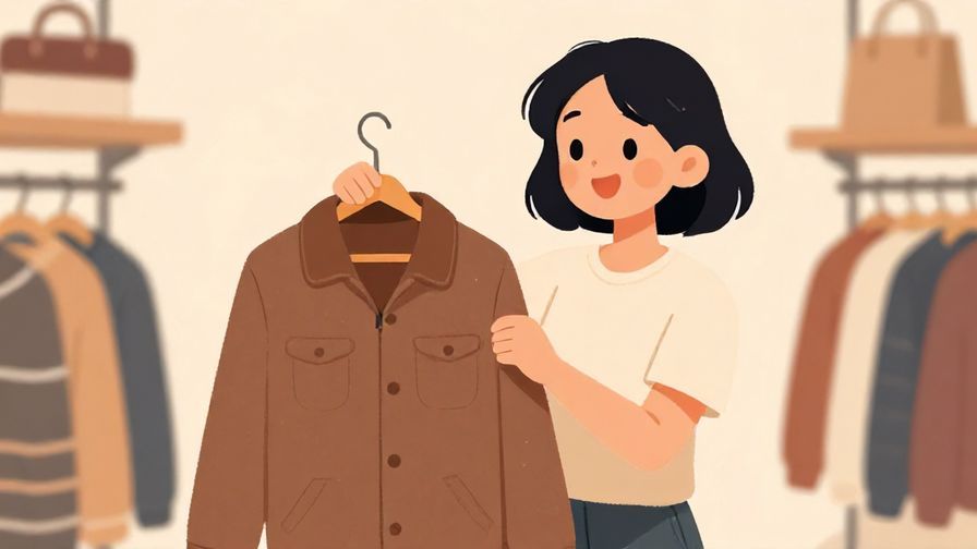 Illustration of a shopper with a playful expression, holding a jacket, suggesting a quick try-on, cheerful store background