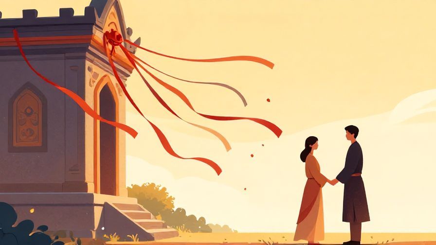 Illustration of a shrine with prayer ribbons fluttering in the breeze, couples holding hands nearby, symbolizing destiny bonds