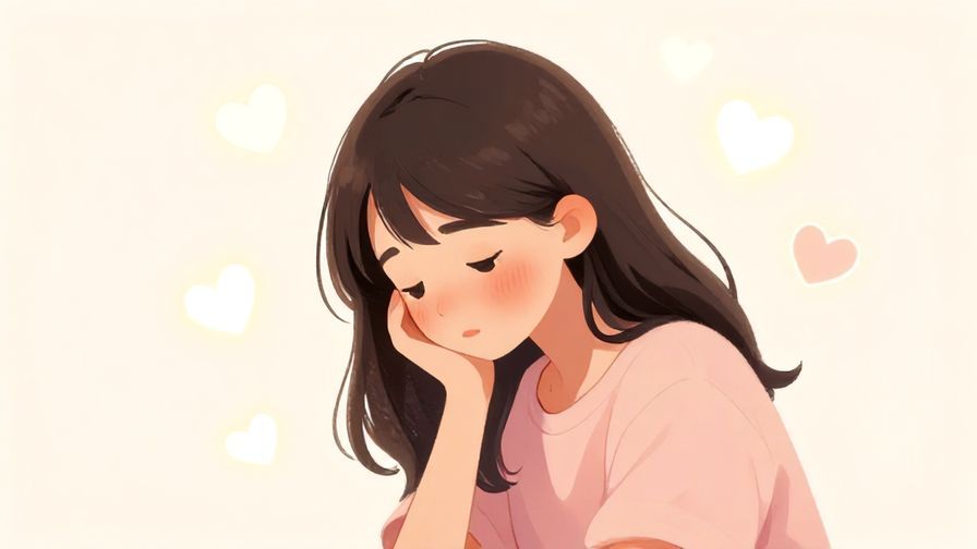 Illustration of a shy person looking down with a slight blush, surrounded by soft glowing hearts and gentle pastel colors