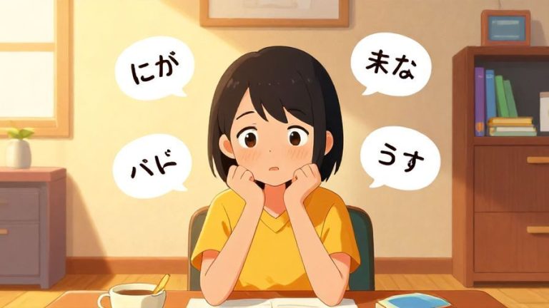 Illustration of a shy person speaking softly with small speech bubbles showing simple Japanese words, surrounded by a cozy room with warm lighting, vibrant colors, illustrated style
