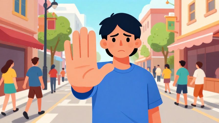 Illustration of a slightly annoyed person holding up a hand in a "stop" gesture in a lively street scene, vibrant colors, illustrated style